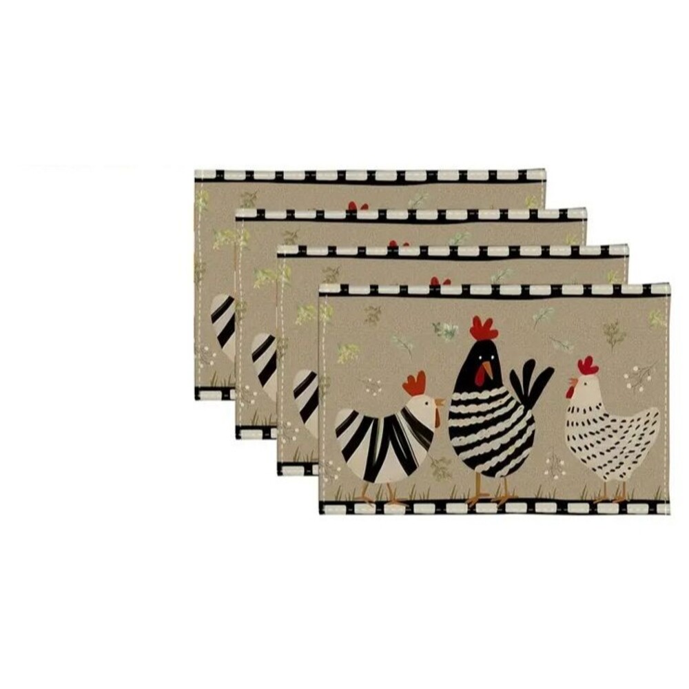 4 Piece Placemat Set 12x18in Woven Polyester Chickens Brown